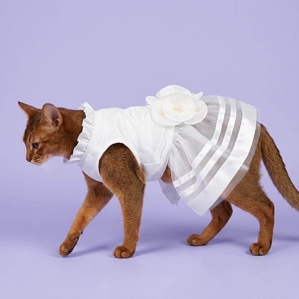 Cinnamon Abyssinian gently stepping in the white dress