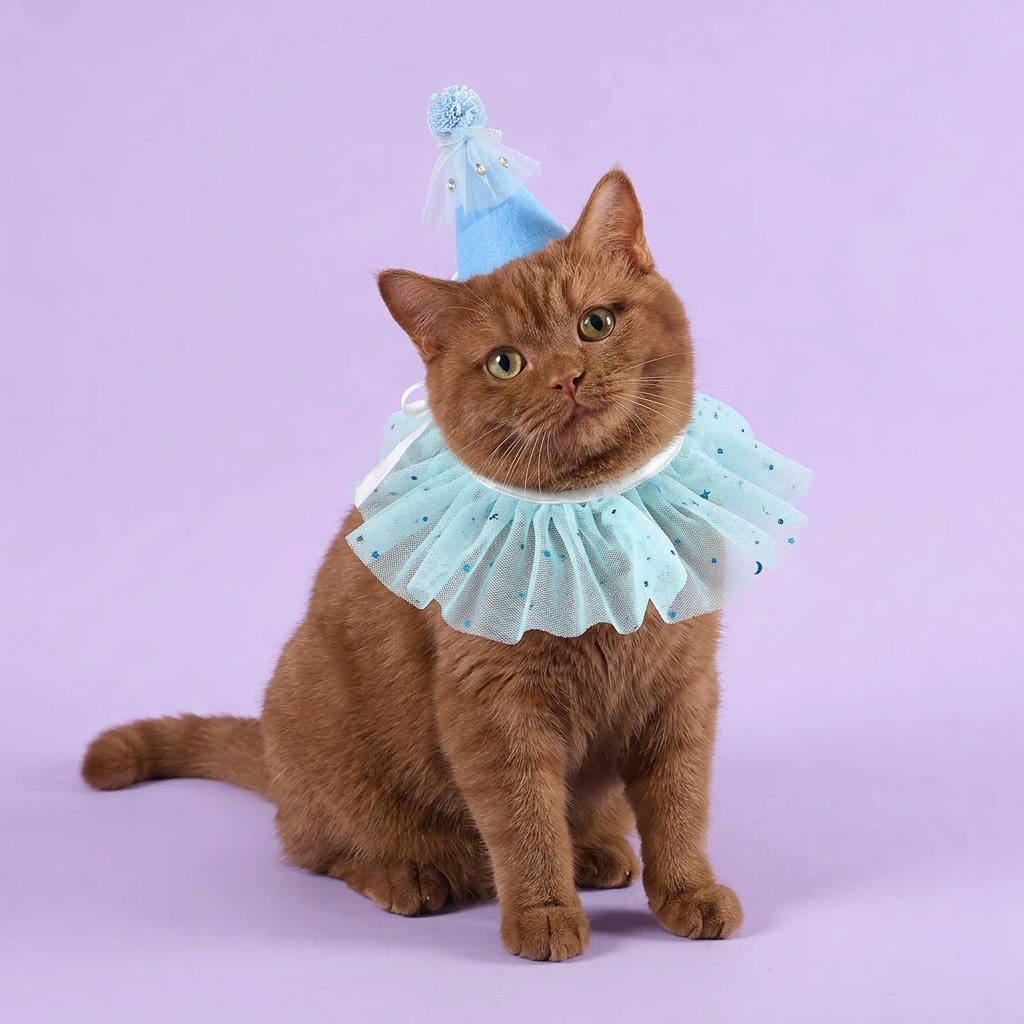 Cinnamon British Shorthair wearing the aqua party set