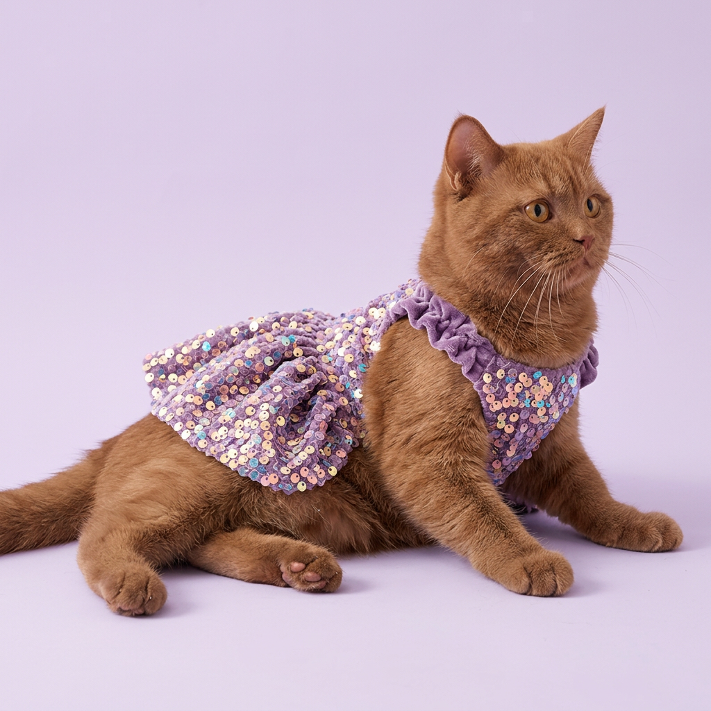 Cinnamon cat lounging in the lavender sequin dress