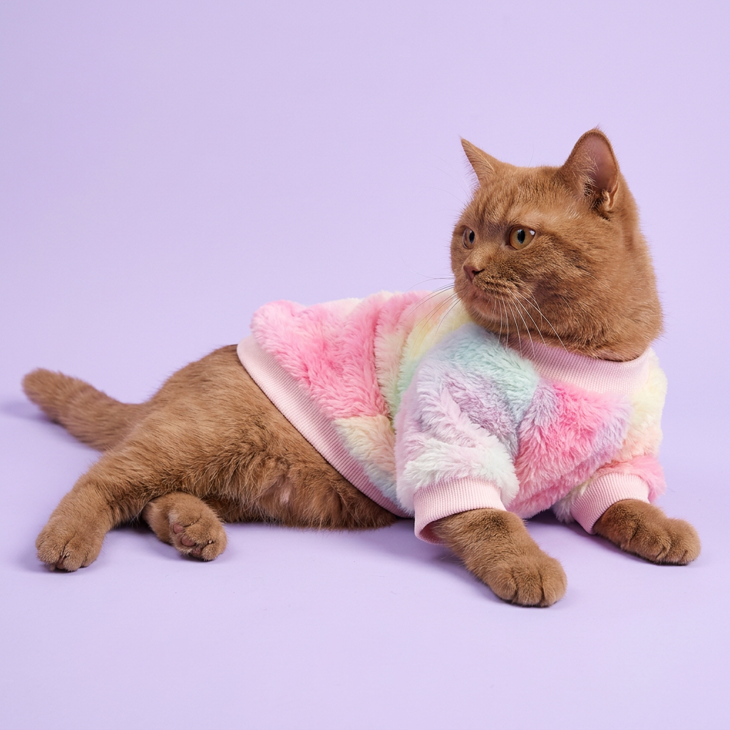 Cinnamon cat lounging in the pastel pullover