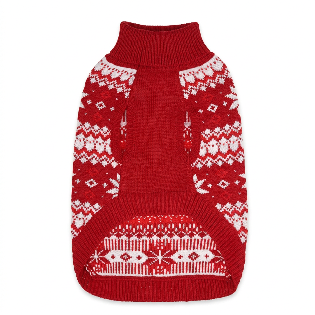 Clean red-and-white snowflake dog sweater product image, underside view on white