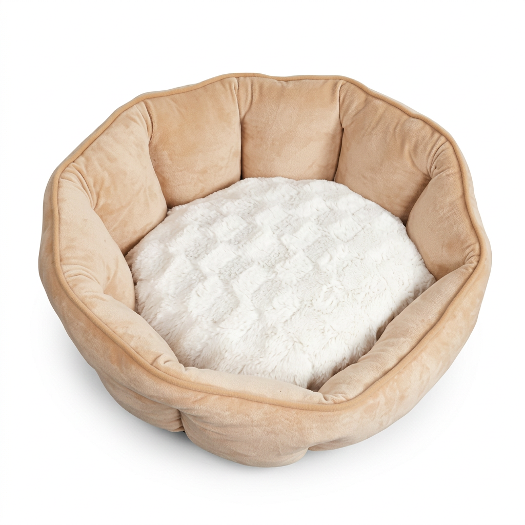 Clean square beige pet bed image on white