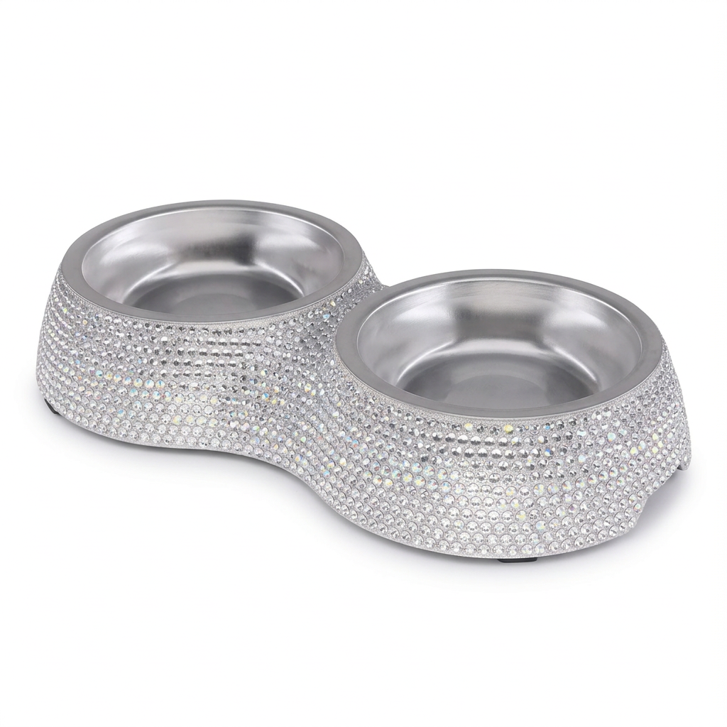 Clean square product image of the rhinestone double diner bowl at a three-quarter angle on a white background