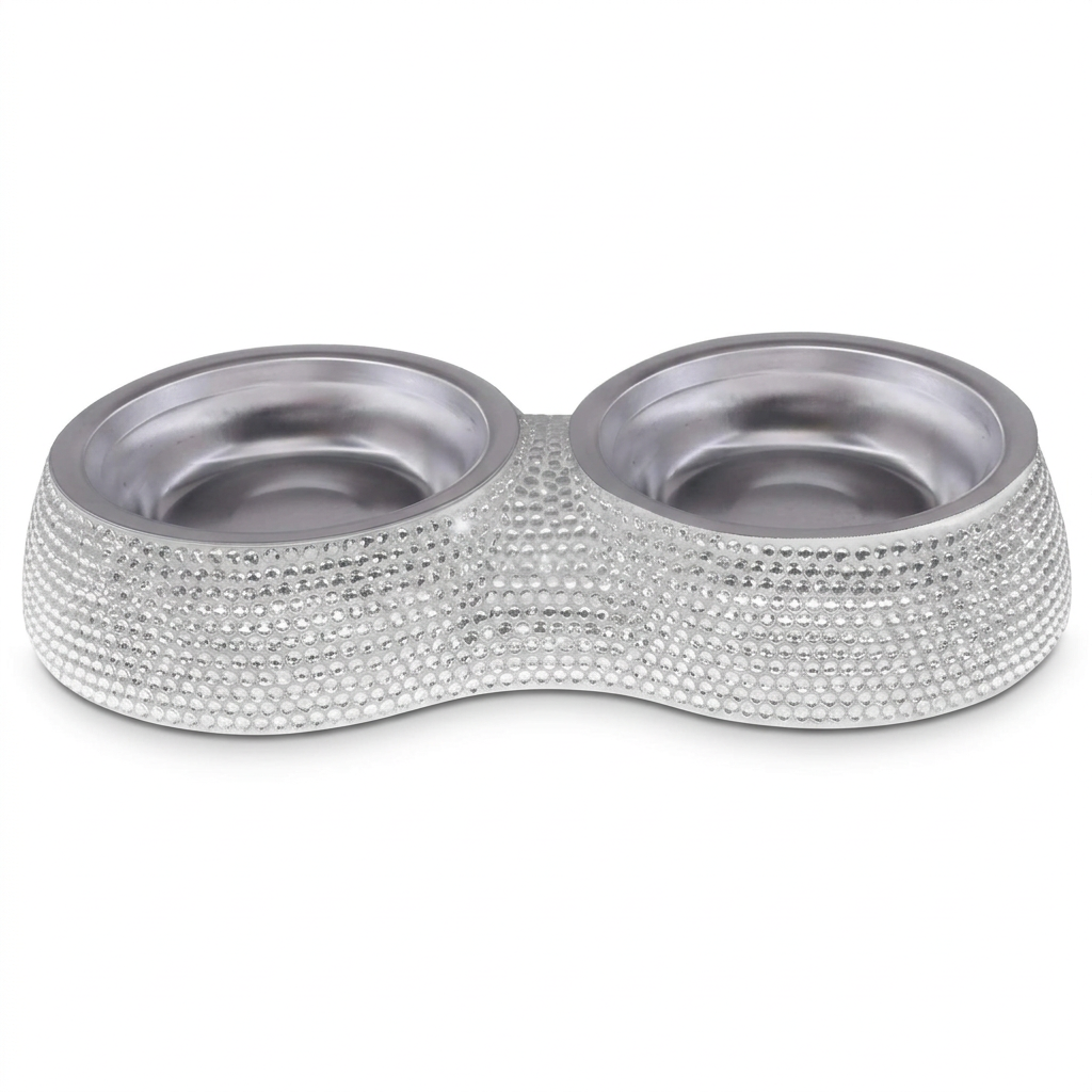 Clean square product image of the rhinestone double diner bowl with stainless inserts on a white background