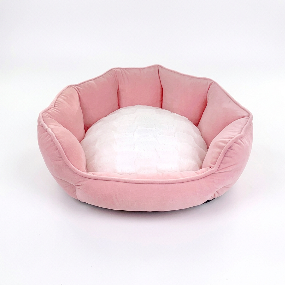 Cleaned-up pink pet bed, centered with tighter square framing on a white background