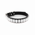 Black pet collar featuring a row of clear rectangular crystal rhinestones on a white background.