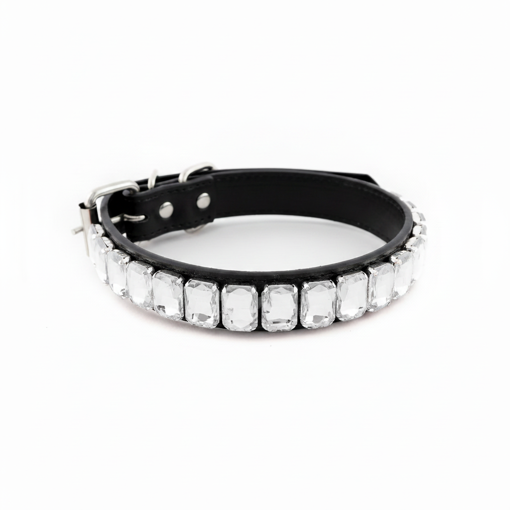 Black pet collar featuring a row of clear rectangular crystal rhinestones on a white background.