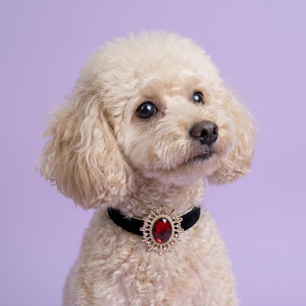 Close cream toy poodle portrait with an upward glance