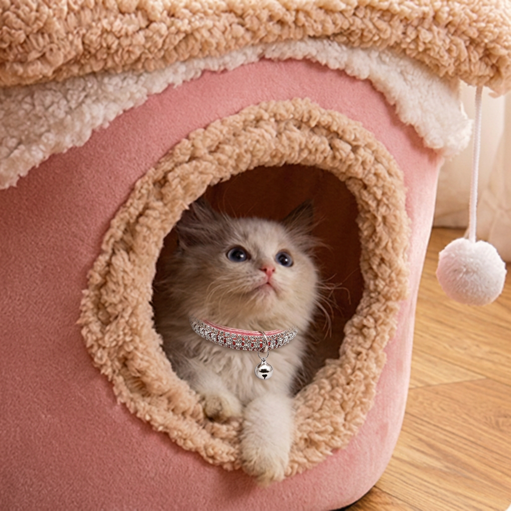 Close-up cat in pink pet house wearing pink crystal collar