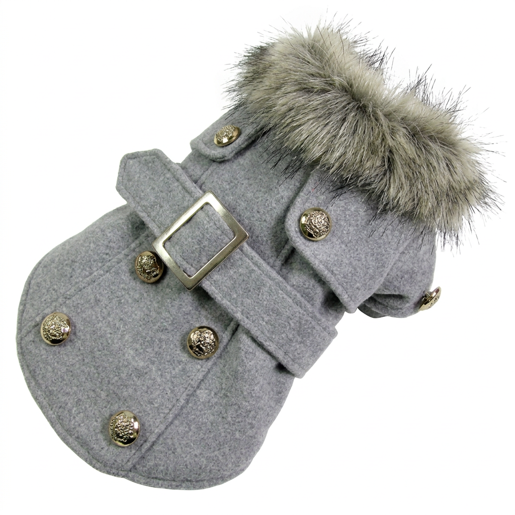 Coat recolored grey with a taupe-grey fur-look collar, keeping the original diagonal angle