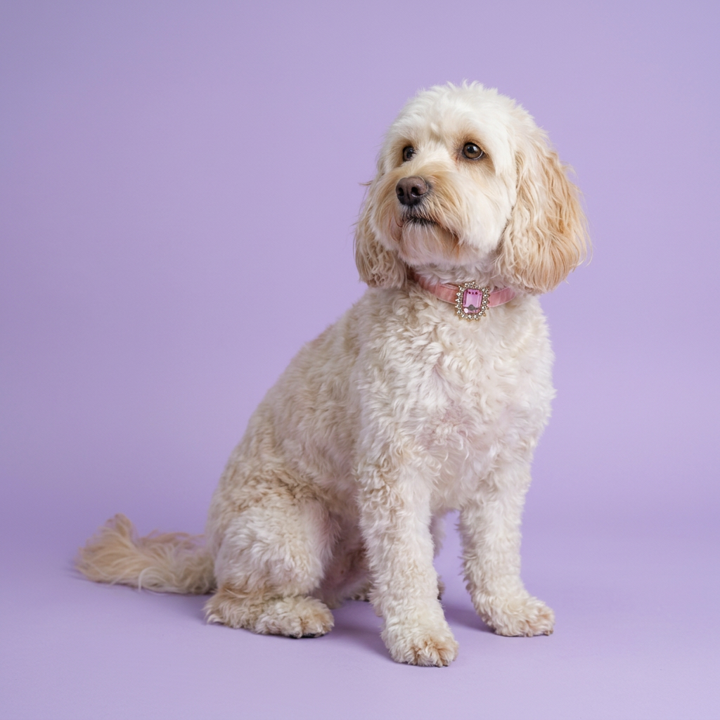Cockapoo in a relaxed side-on seated pose