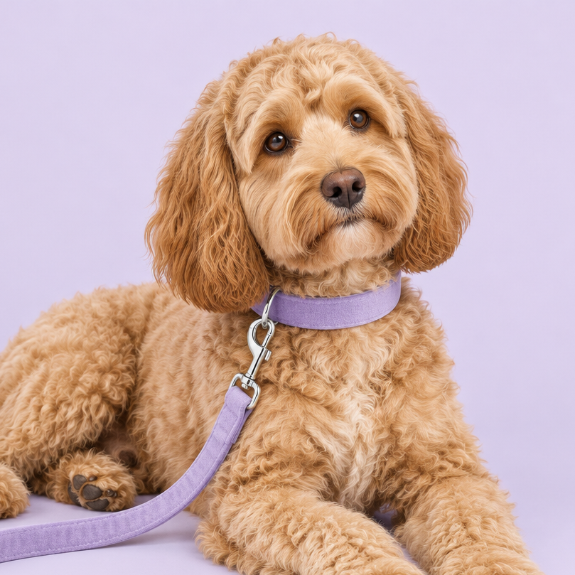 Cockapoo lounging with light-purple collar and leash