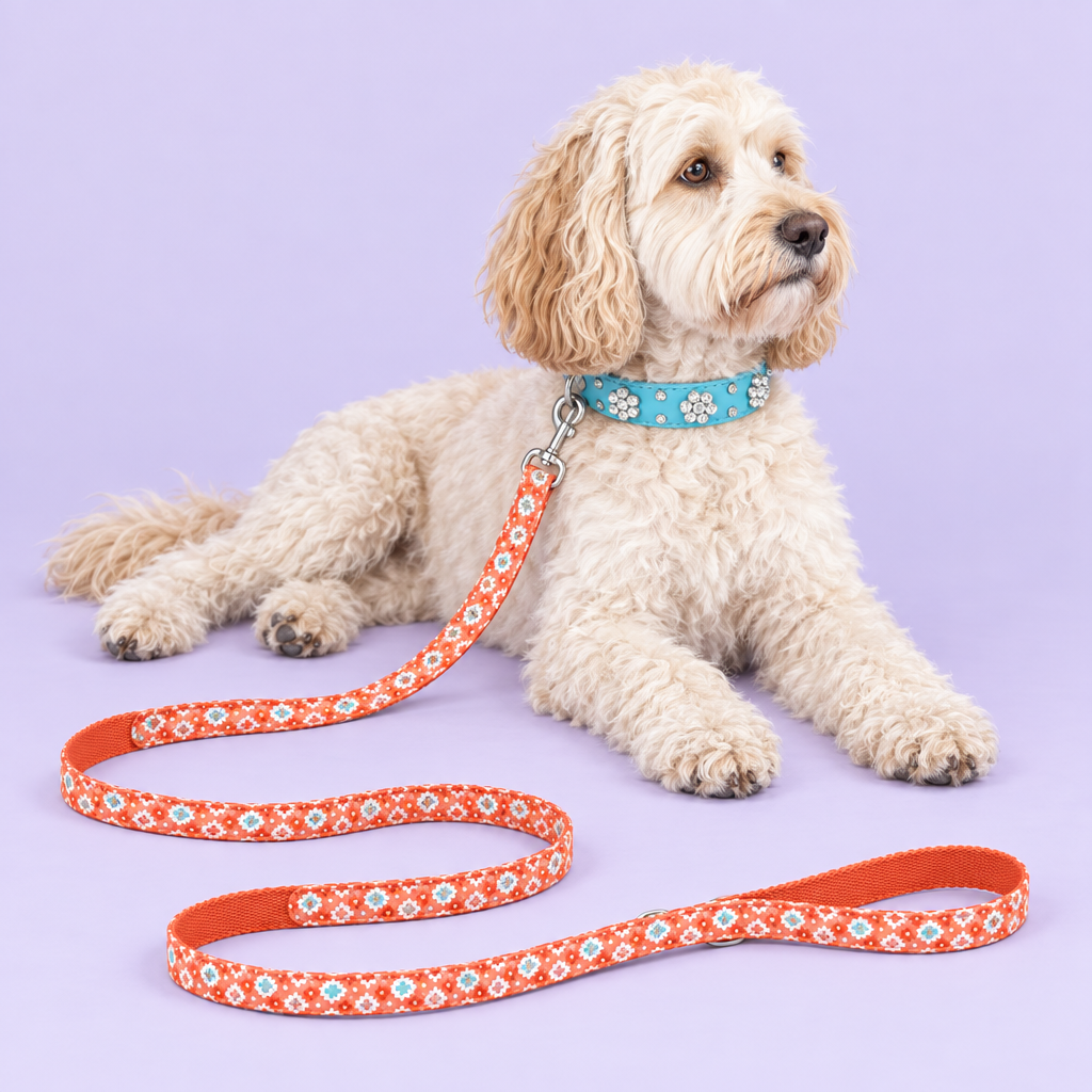 Cockapoo with blue flower collar and coral floral leash