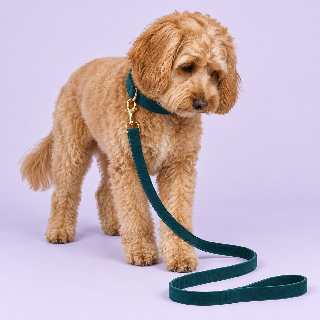 Cockapoo with plain teal velvet collar and leash