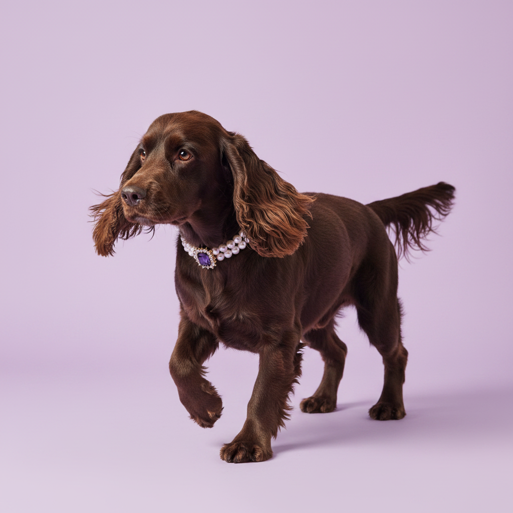 Chocolate Cocker Spaniel walking with one front paw raised, wearing a double pearl collar with an amethyst gemstone pendant against a lavender background