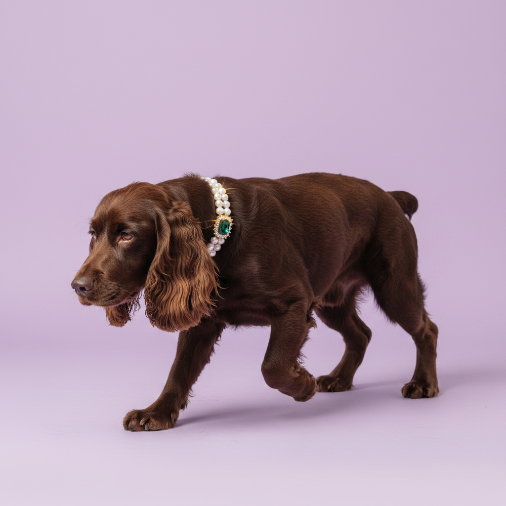 Chocolate Cocker Spaniel walking and wearing a double pearl collar with an emerald gemstone pendant against a lavender background