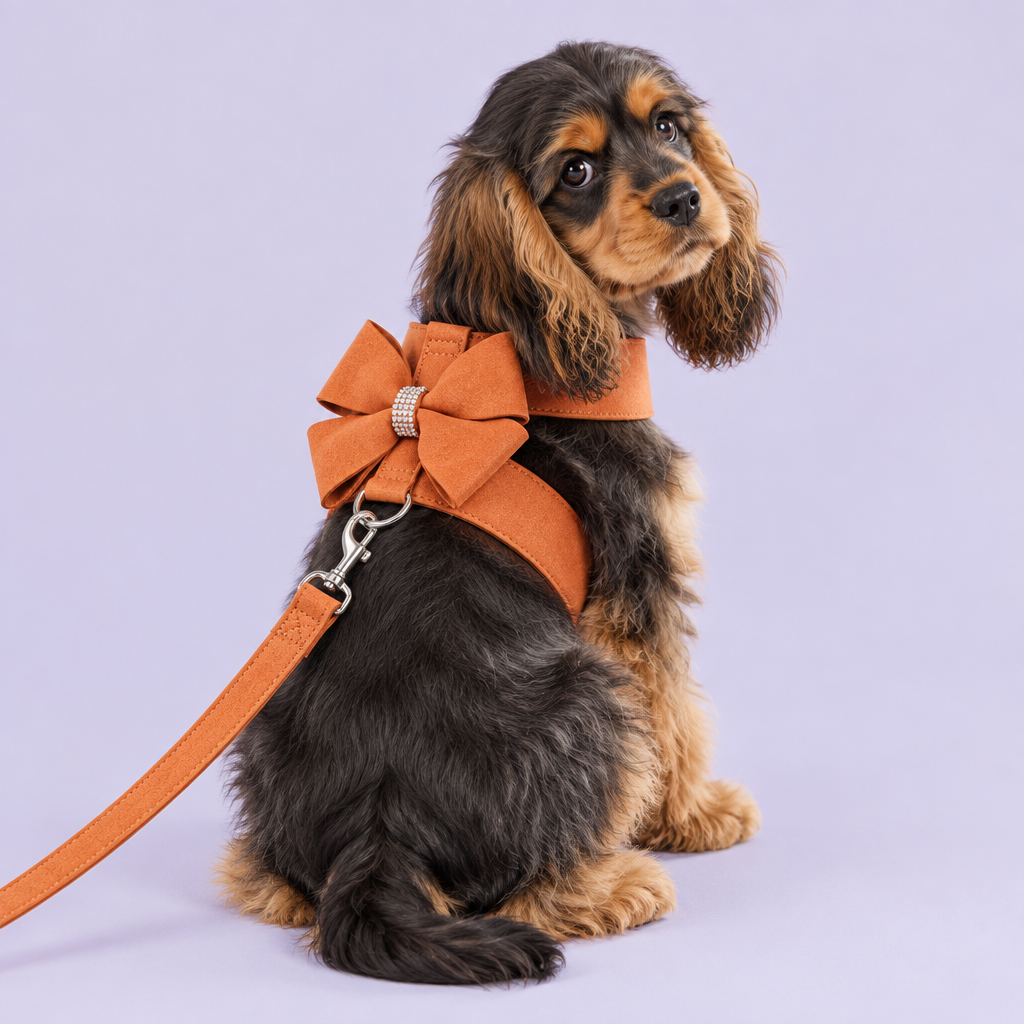 Cocker Spaniel in orange bow harness and leash