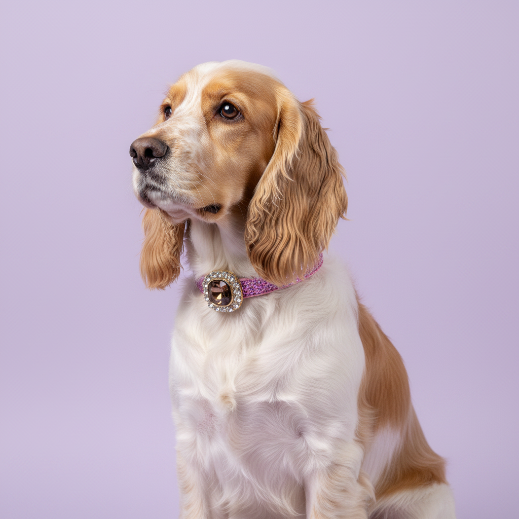 Golden Cocker Spaniel sitting upright and gazing to the side wearing a pink glitter rhinestone dog collar with smoky topaz cushion-cut gem and rhinestone halo centerpiece on lavender background