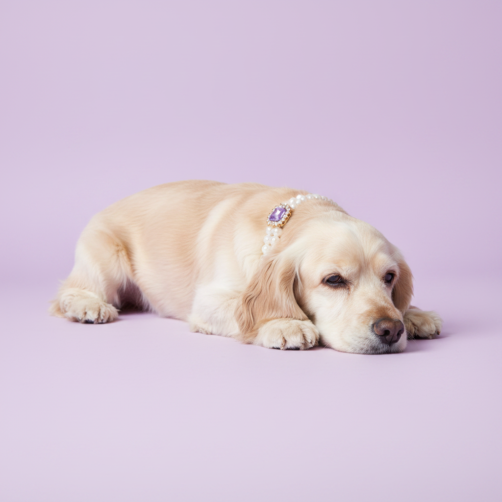Cocker Spaniel lying down wearing a pearl dog collar with a purple gemstone pendant on a lavender background⠋