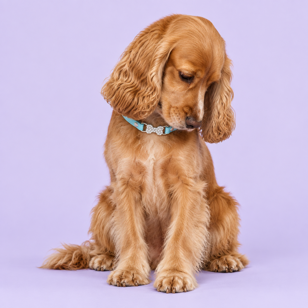 Cocker spaniel looking down in the referenced collar
