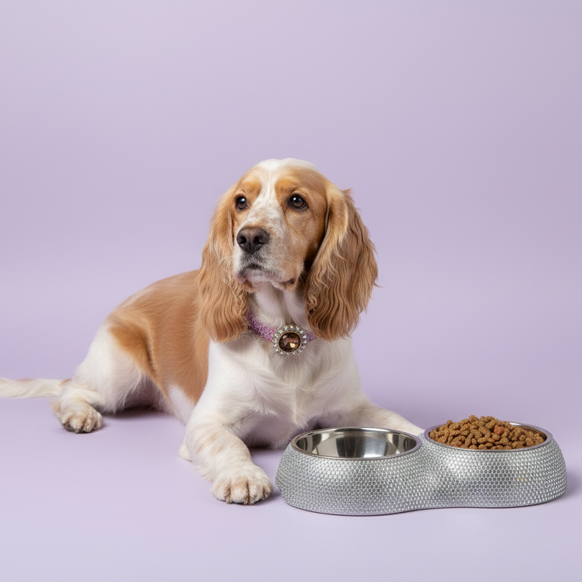Golden cocker spaniel wearing a pink rhinestone collar lying beside a silver rhinestone double pet bowl on a soft lavender background