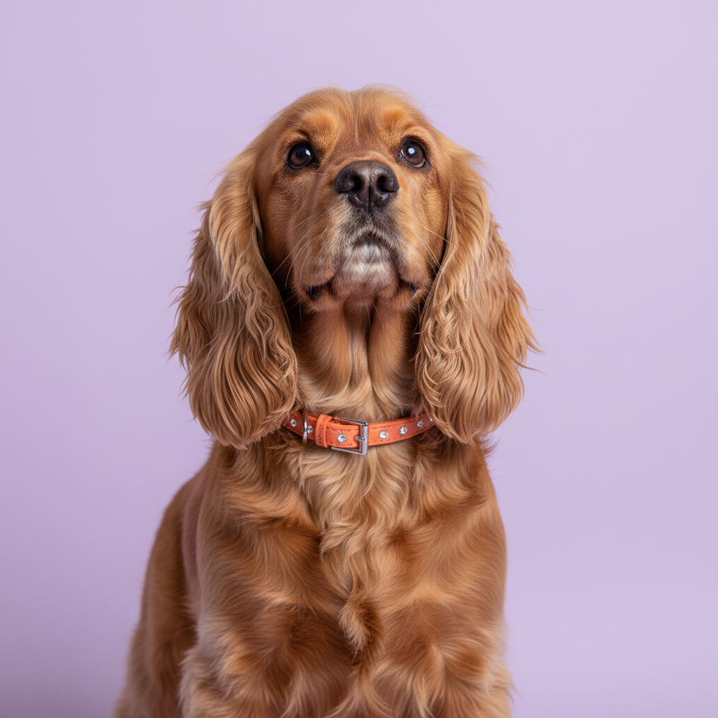 Golden Cocker Spaniel wearing an orange rhinestone crystal leather dog collar with silver buckle, studio portrait on lavender background