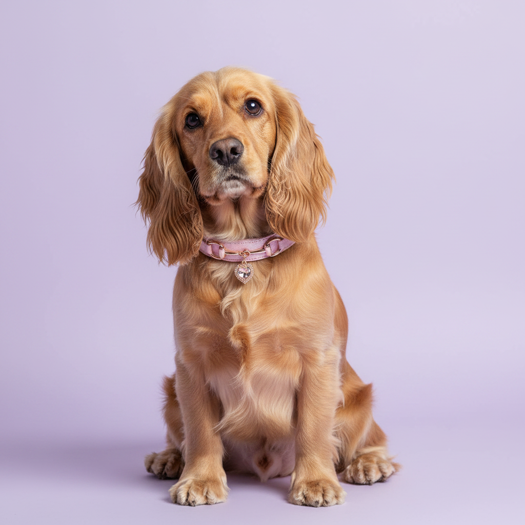 Golden Cocker Spaniel seated upright and facing forward, wearing a pink leather pet collar with rose gold snaffle-bit hardware and a clear crystal heart charm pendant, on a soft lavender background