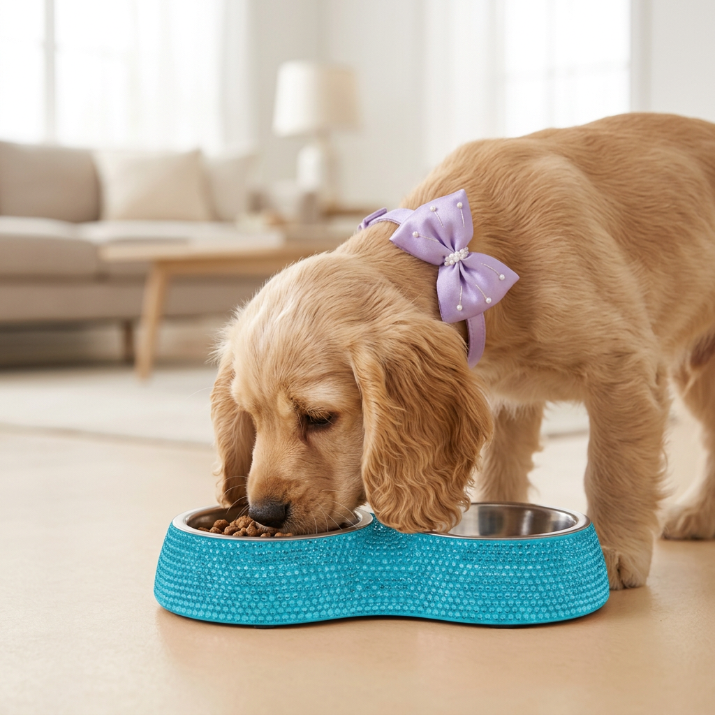 Cocker Spaniel puppy eating from the turquoise rhinestone double diner, wearing the lavender bow collar