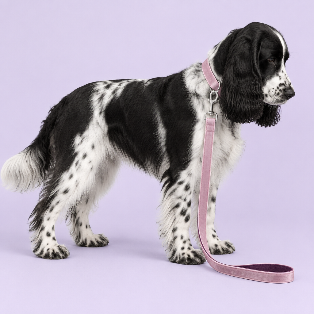Cocker spaniel wearing blush pink velvet collar and leash
