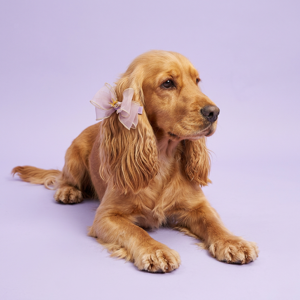 Cocker Spaniel wearing the lilac and gold crown bow