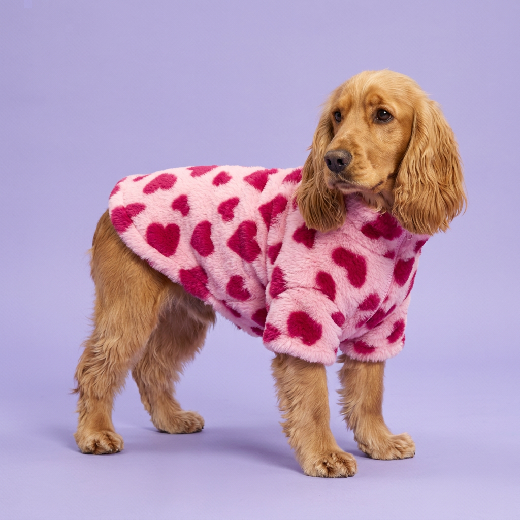 Cocker Spaniel wearing the pink heart jacket