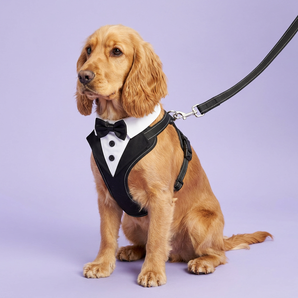 Cocker spaniel wearing the tuxedo harness and matching leash