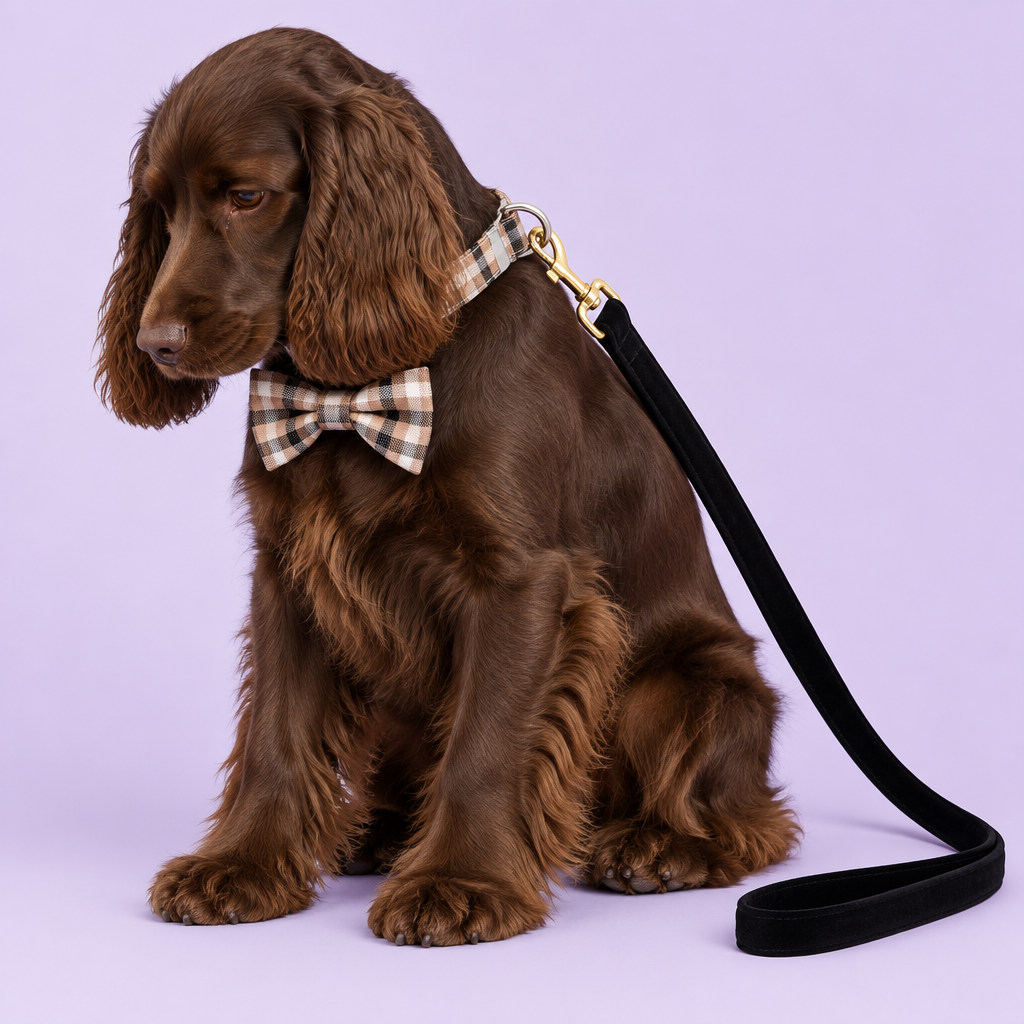 Cocker spaniel with beige plaid bow collar