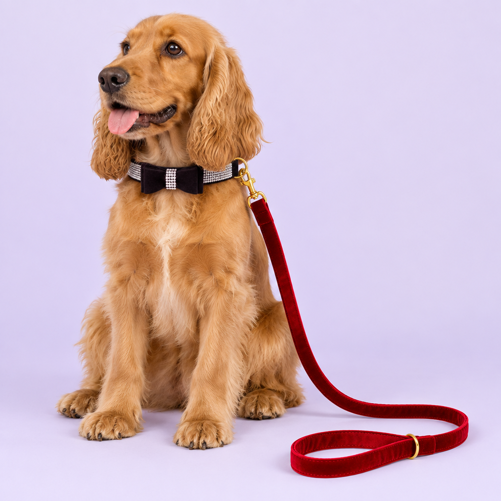 Cocker spaniel with black bow collar and red velvet leash