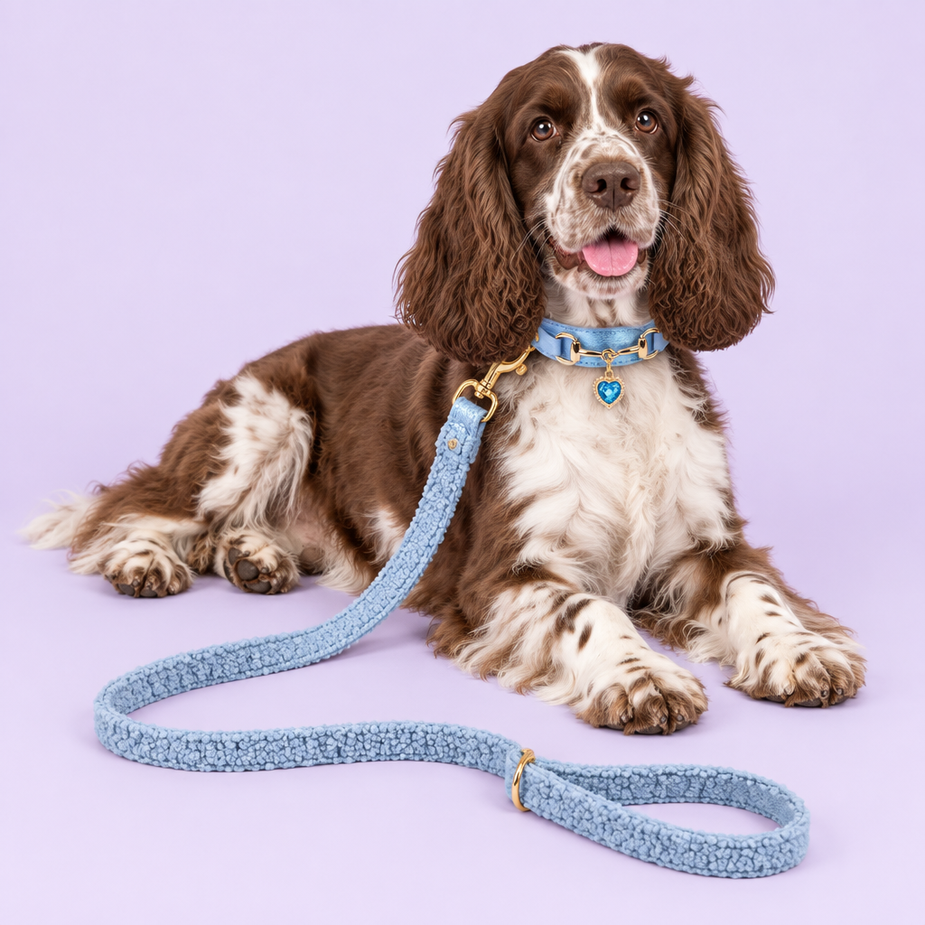 Cocker spaniel with blue heart collar and blue teddy-fleece leash