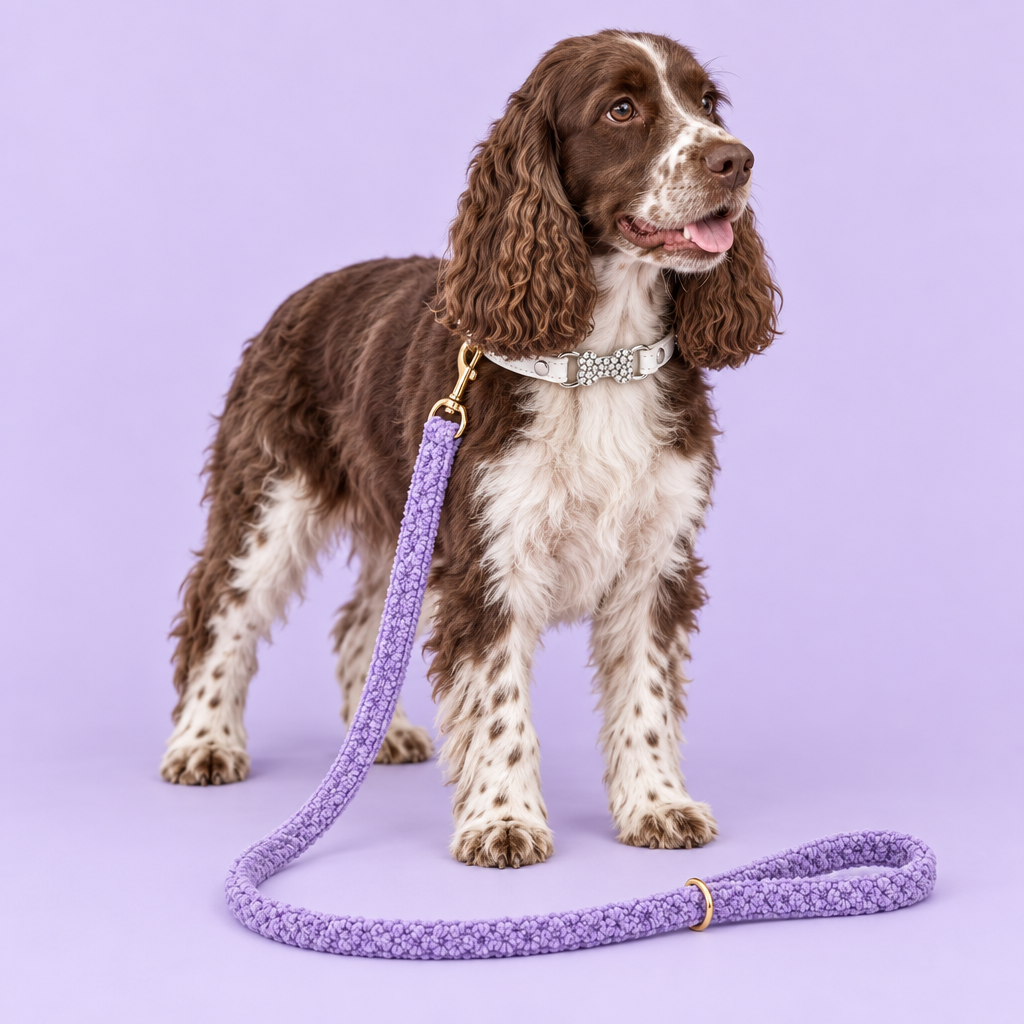 Cocker spaniel with ivory bow collar and lavender teddy-fleece leash