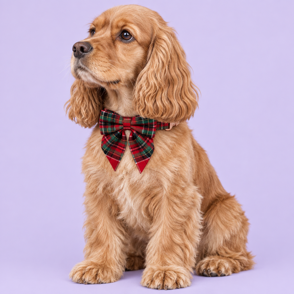 Cocker spaniel with smaller red tartan bow