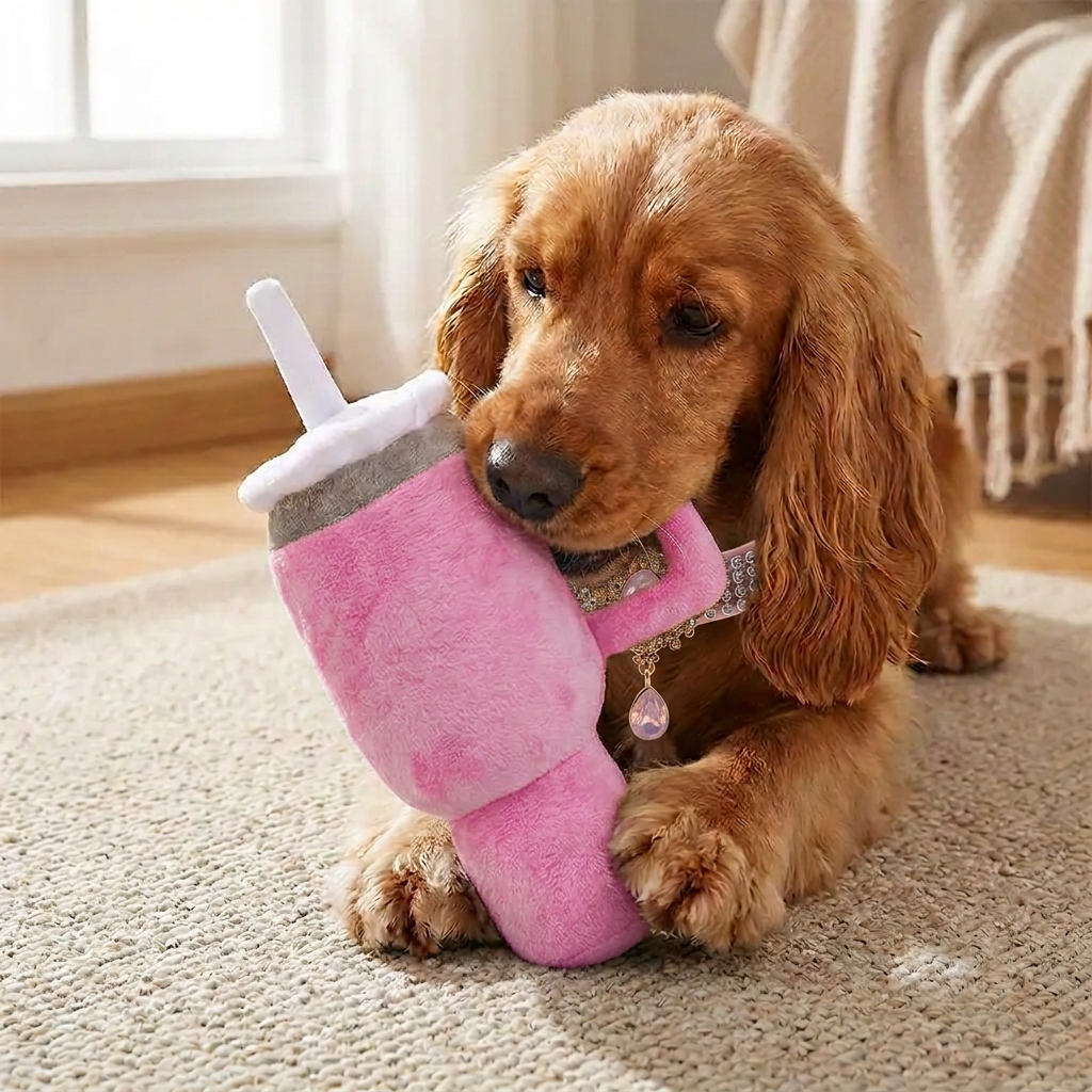 Cocker Spaniel with tumbler plush recolored pink