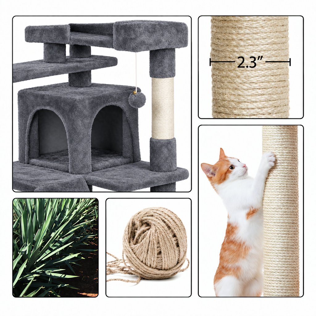 Collage with gray-blue cat tree in the top-left panel