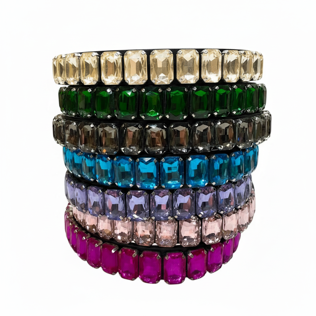 Stack of seven black rhinestone pet collars with cream opal, deep green, smoky grey, bright blue, lavender, pale pink, and magenta rectangular crystals, shown on a white background.