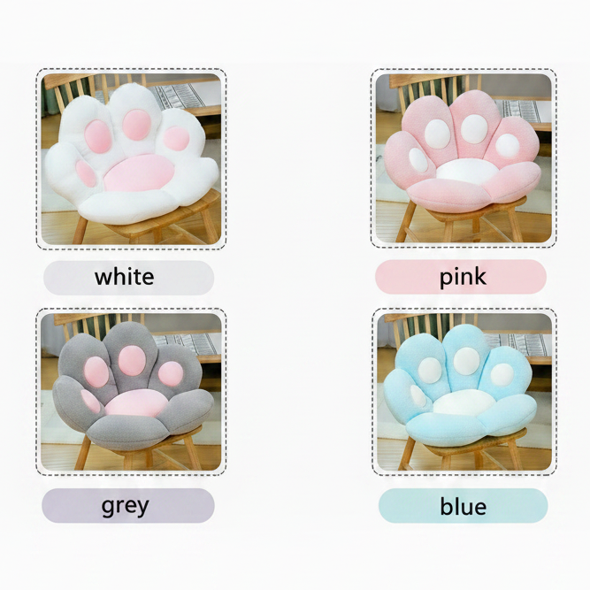 Color variant grid showing four plush paw-shaped pet bed cushions on wooden chairs with dashed border swatches and pastel color labels: white with pink toe pads, pink with white toe pads, grey with pink toe pads, and blue with white toe pads