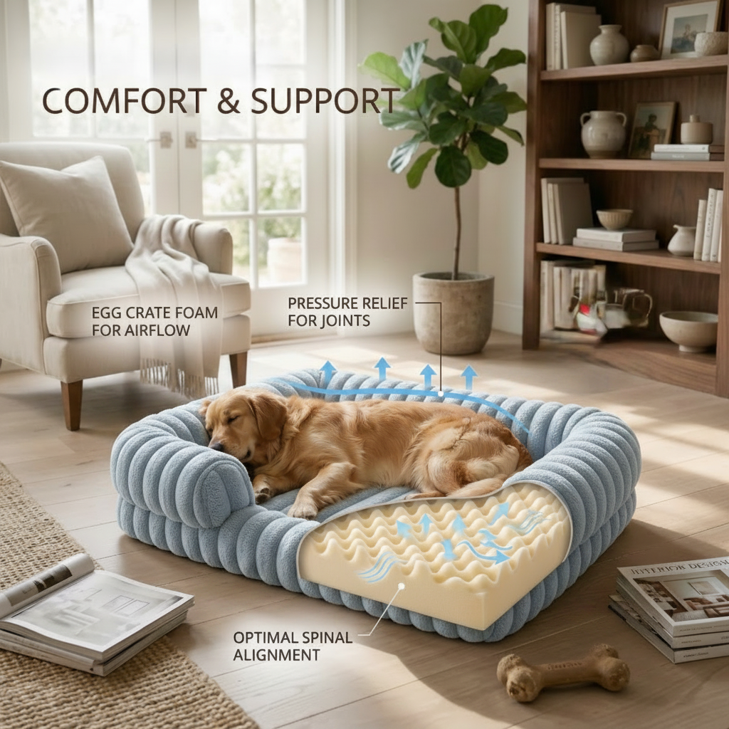 Comfort and Support feature infographic showing a Golden Retriever sleeping in a powder blue ribbed corduroy rectangular pet bed in a bright modern living room, with a cutaway illustration of the egg crate foam interior and three blue arrow callouts: Egg Crate Foam for Airflow, Pressure Relief for Joints, and Optimal Spinal Alignment