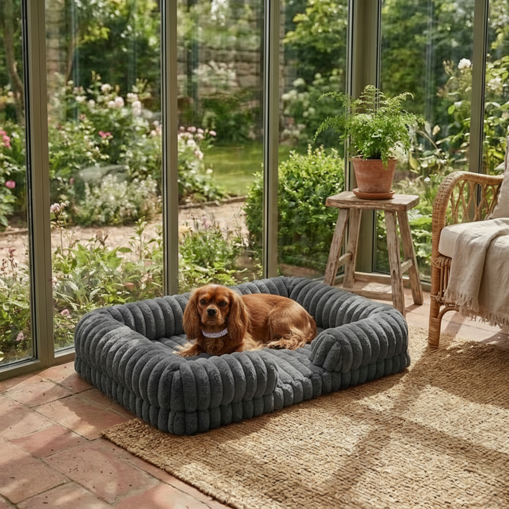 Cavalier King Charles Spaniel resting in a slate blue chunky corduroy pet bed inside a sunlit conservatory, with a lush garden visible through floor-to-ceiling glass windows.