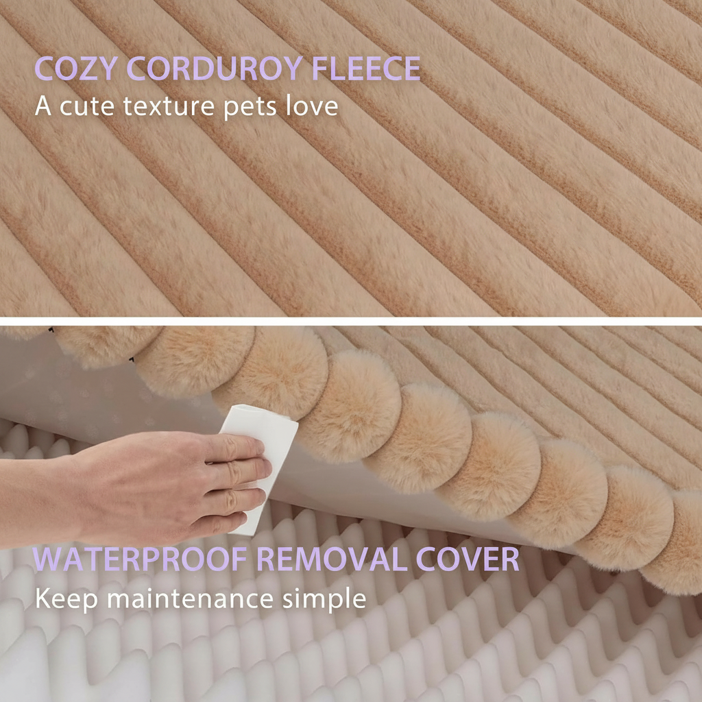 Pet bed infographic showing close-up of cozy corduroy fleece texture and a hand wiping the waterproof removable cover, highlighting soft ribbed fabric and easy-clean maintenance features