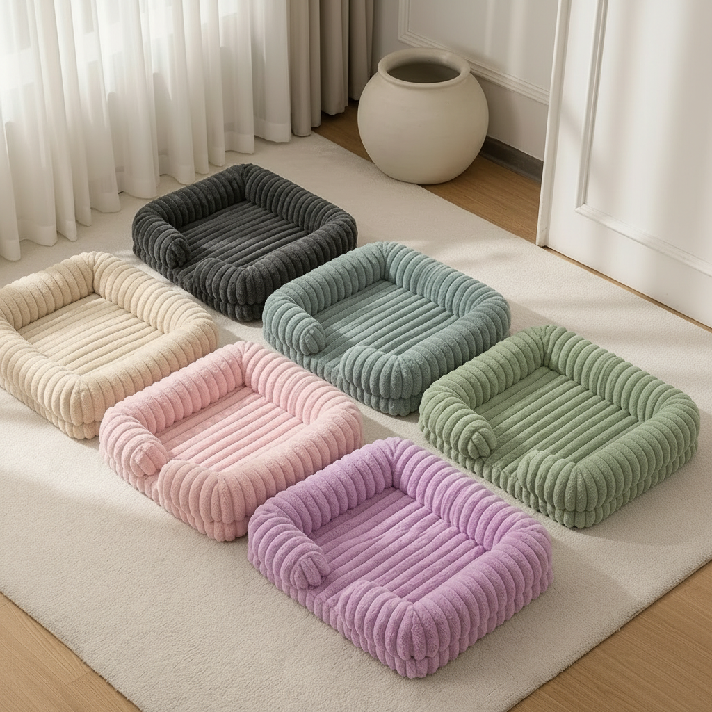 Six ribbed corduroy rectangular pet sofa beds arranged in two staggered rows on a cream area rug in a bright minimal room with sheer white curtains and a round cream ceramic vase — colorways shown: charcoal grey, dusty blue, sage green, cream/ivory, blush pink, and soft lavender