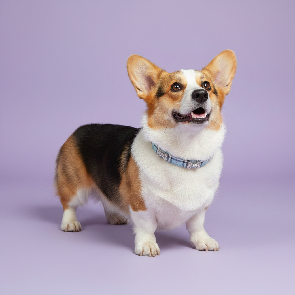 Pembroke Welsh Corgi standing in three-quarter view wearing a blue plaid rhinestone dog collar