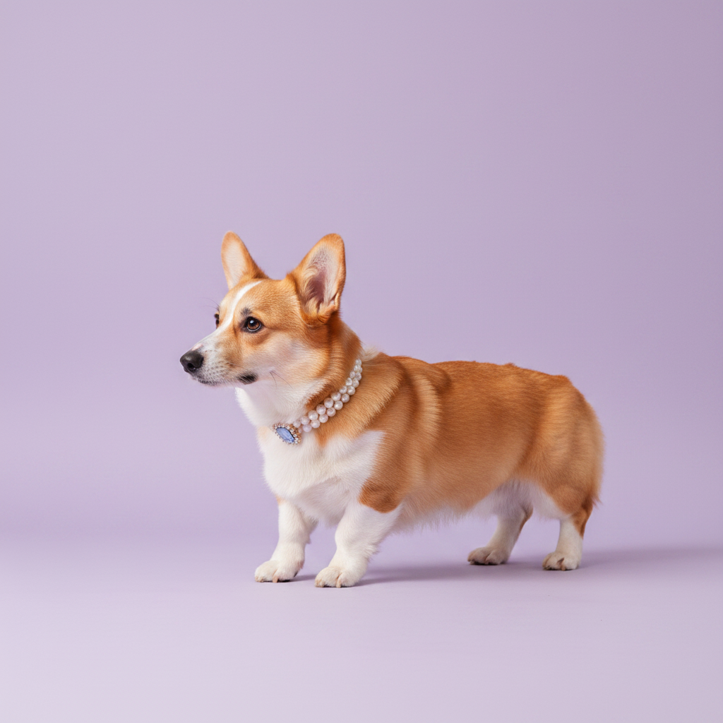 Corgi standing and wearing a pearl collar with a lavender gemstone pendant against a lavender background