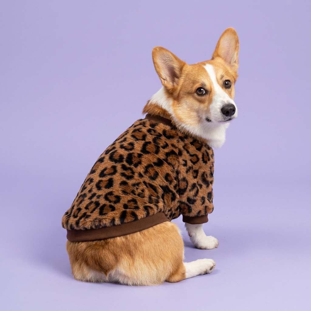 Corgi looking over its shoulder in the leopard sweatshirt