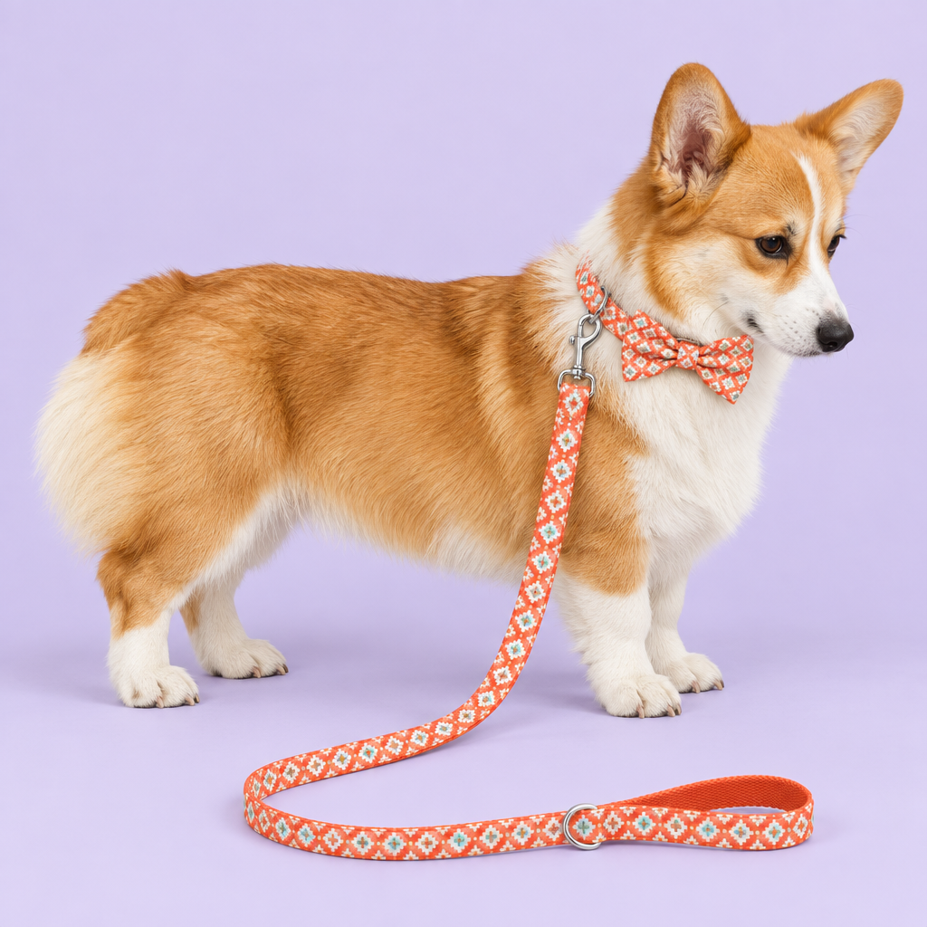 Corgi wearing geometric bow collar and leash