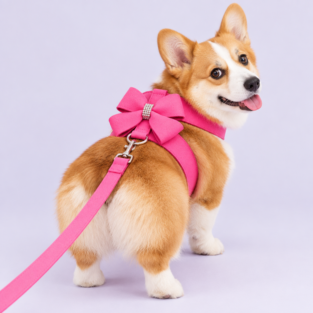 Corgi wearing pink bow harness with leash